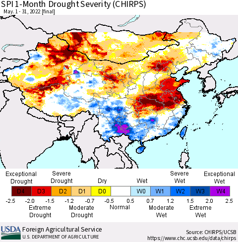 China, Mongolia and Taiwan SPI 1-Month Drought Severity (CHIRPS) Thematic Map For 5/1/2022 - 5/31/2022