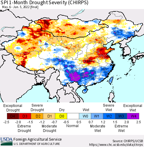 China, Mongolia and Taiwan SPI 1-Month Drought Severity (CHIRPS) Thematic Map For 5/6/2022 - 6/5/2022