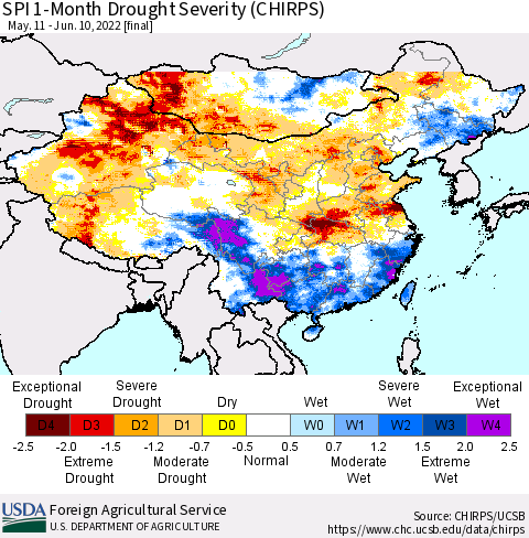 China, Mongolia and Taiwan SPI 1-Month Drought Severity (CHIRPS) Thematic Map For 5/11/2022 - 6/10/2022