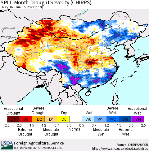 China, Mongolia and Taiwan SPI 1-Month Drought Severity (CHIRPS) Thematic Map For 5/16/2022 - 6/15/2022