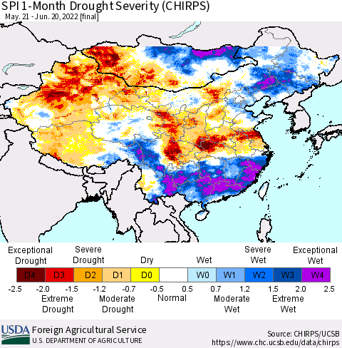 China, Mongolia and Taiwan SPI 1-Month Drought Severity (CHIRPS) Thematic Map For 5/21/2022 - 6/20/2022