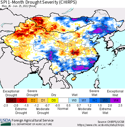 China, Mongolia and Taiwan SPI 1-Month Drought Severity (CHIRPS) Thematic Map For 5/26/2022 - 6/25/2022
