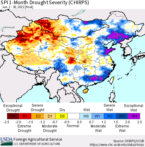 China, Mongolia and Taiwan SPI 1-Month Drought Severity (CHIRPS) Thematic Map For 6/1/2022 - 6/30/2022
