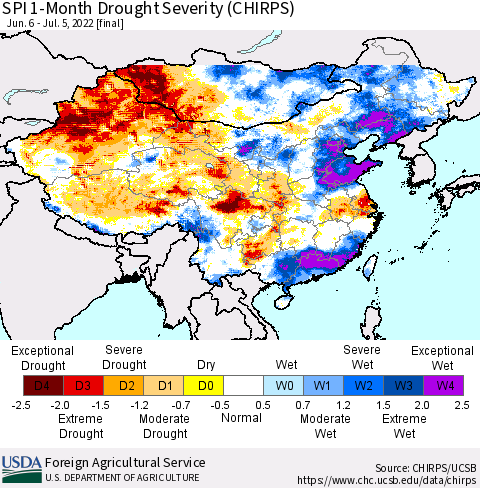 China, Mongolia and Taiwan SPI 1-Month Drought Severity (CHIRPS) Thematic Map For 6/6/2022 - 7/5/2022