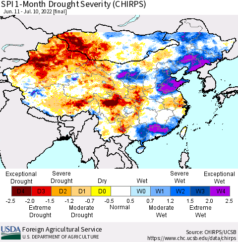 China, Mongolia and Taiwan SPI 1-Month Drought Severity (CHIRPS) Thematic Map For 6/11/2022 - 7/10/2022