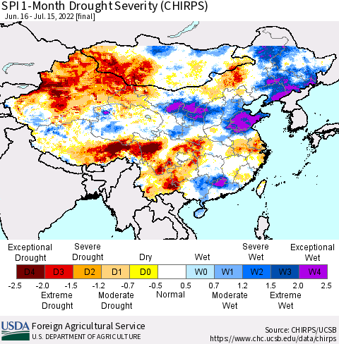 China, Mongolia and Taiwan SPI 1-Month Drought Severity (CHIRPS) Thematic Map For 6/16/2022 - 7/15/2022