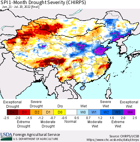 China, Mongolia and Taiwan SPI 1-Month Drought Severity (CHIRPS) Thematic Map For 6/21/2022 - 7/20/2022