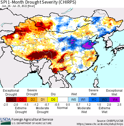 China, Mongolia and Taiwan SPI 1-Month Drought Severity (CHIRPS) Thematic Map For 6/26/2022 - 7/25/2022