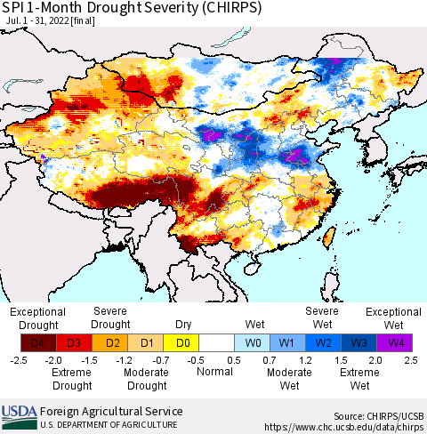 China, Mongolia and Taiwan SPI 1-Month Drought Severity (CHIRPS) Thematic Map For 7/1/2022 - 7/31/2022