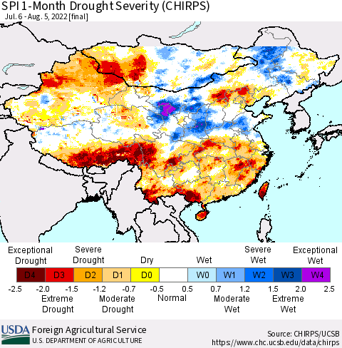 China, Mongolia and Taiwan SPI 1-Month Drought Severity (CHIRPS) Thematic Map For 7/6/2022 - 8/5/2022