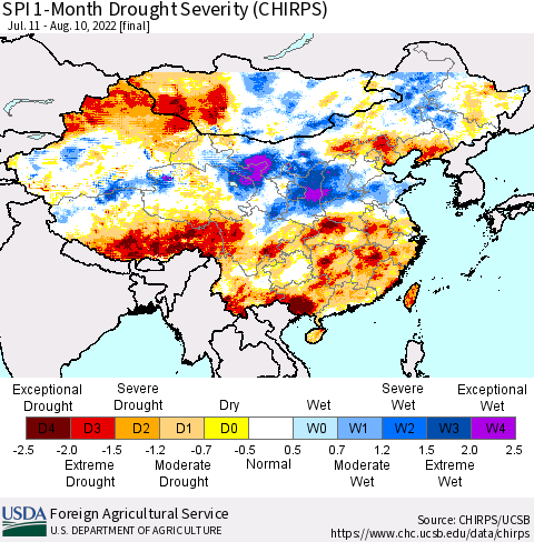 China, Mongolia and Taiwan SPI 1-Month Drought Severity (CHIRPS) Thematic Map For 7/11/2022 - 8/10/2022