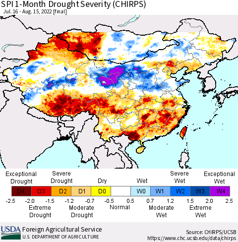 China, Mongolia and Taiwan SPI 1-Month Drought Severity (CHIRPS) Thematic Map For 7/16/2022 - 8/15/2022
