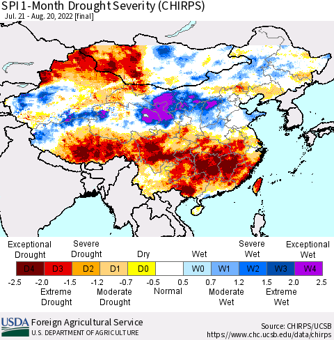 China, Mongolia and Taiwan SPI 1-Month Drought Severity (CHIRPS) Thematic Map For 7/21/2022 - 8/20/2022
