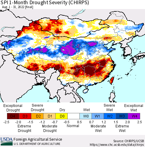 China, Mongolia and Taiwan SPI 1-Month Drought Severity (CHIRPS) Thematic Map For 8/1/2022 - 8/31/2022