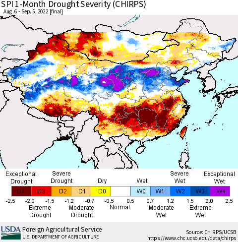 China, Mongolia and Taiwan SPI 1-Month Drought Severity (CHIRPS) Thematic Map For 8/6/2022 - 9/5/2022