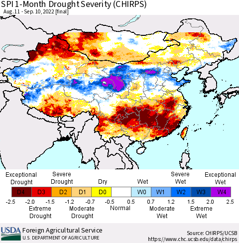China, Mongolia and Taiwan SPI 1-Month Drought Severity (CHIRPS) Thematic Map For 8/11/2022 - 9/10/2022