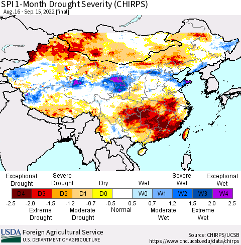China, Mongolia and Taiwan SPI 1-Month Drought Severity (CHIRPS) Thematic Map For 8/16/2022 - 9/15/2022