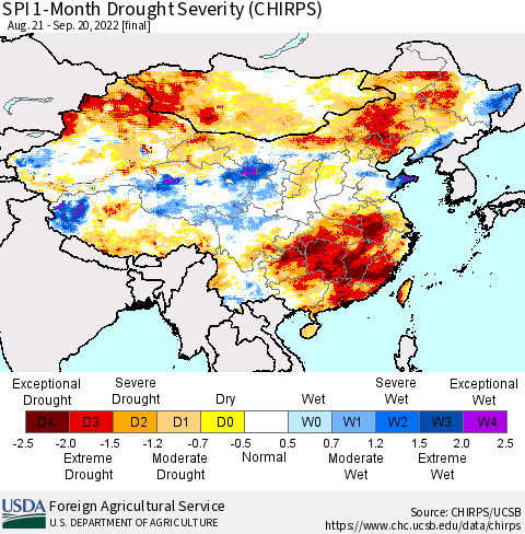 China, Mongolia and Taiwan SPI 1-Month Drought Severity (CHIRPS) Thematic Map For 8/21/2022 - 9/20/2022
