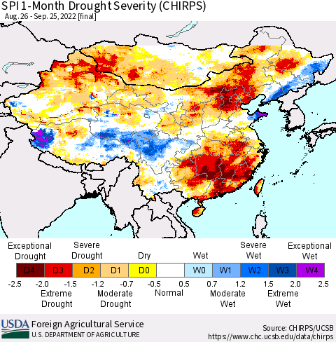 China, Mongolia and Taiwan SPI 1-Month Drought Severity (CHIRPS) Thematic Map For 8/26/2022 - 9/25/2022