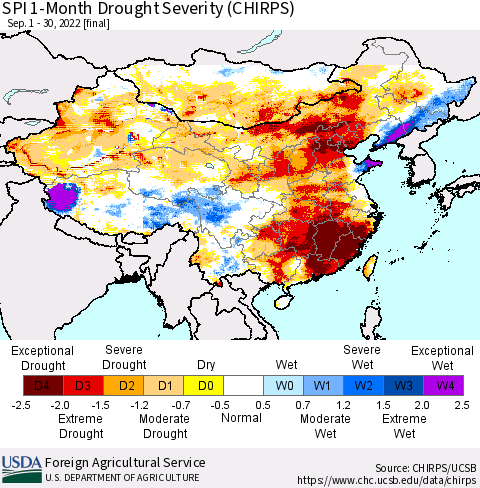 China, Mongolia and Taiwan SPI 1-Month Drought Severity (CHIRPS) Thematic Map For 9/1/2022 - 9/30/2022