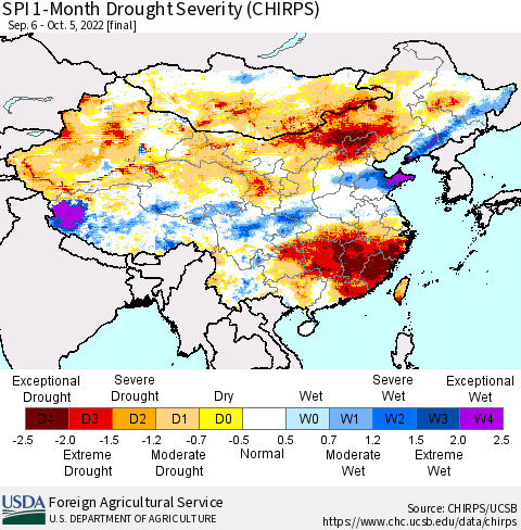 China, Mongolia and Taiwan SPI 1-Month Drought Severity (CHIRPS) Thematic Map For 9/6/2022 - 10/5/2022