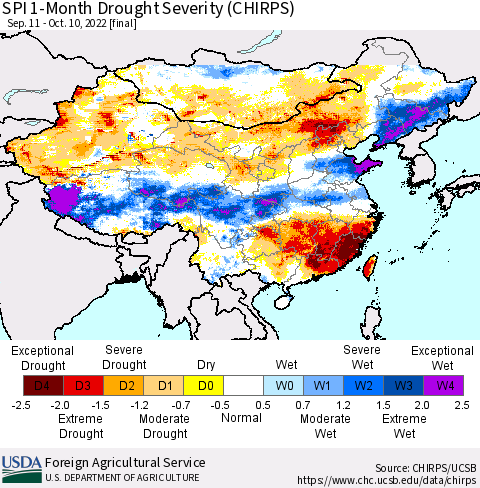 China, Mongolia and Taiwan SPI 1-Month Drought Severity (CHIRPS) Thematic Map For 9/11/2022 - 10/10/2022
