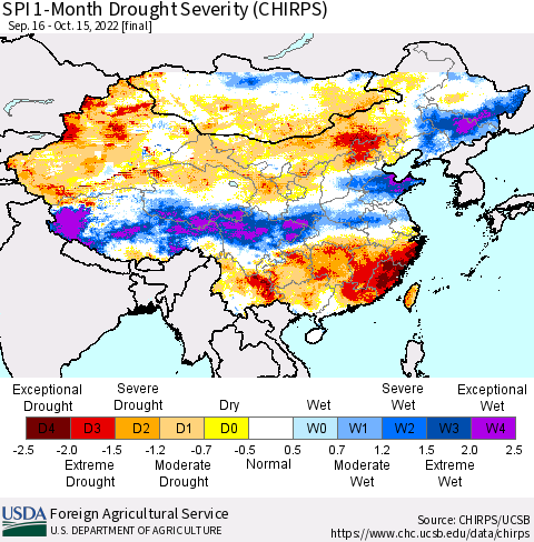 China, Mongolia and Taiwan SPI 1-Month Drought Severity (CHIRPS) Thematic Map For 9/16/2022 - 10/15/2022
