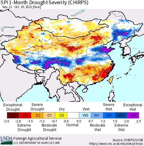 China, Mongolia and Taiwan SPI 1-Month Drought Severity (CHIRPS) Thematic Map For 9/21/2022 - 10/20/2022