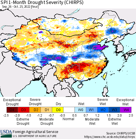 China, Mongolia and Taiwan SPI 1-Month Drought Severity (CHIRPS) Thematic Map For 9/26/2022 - 10/25/2022