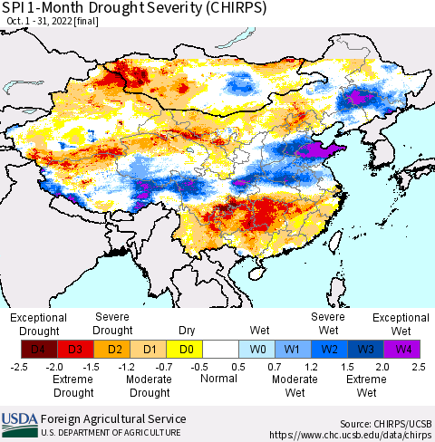 China, Mongolia and Taiwan SPI 1-Month Drought Severity (CHIRPS) Thematic Map For 10/1/2022 - 10/31/2022
