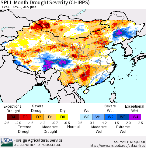 China, Mongolia and Taiwan SPI 1-Month Drought Severity (CHIRPS) Thematic Map For 10/6/2022 - 11/5/2022