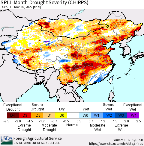 China, Mongolia and Taiwan SPI 1-Month Drought Severity (CHIRPS) Thematic Map For 10/11/2022 - 11/10/2022