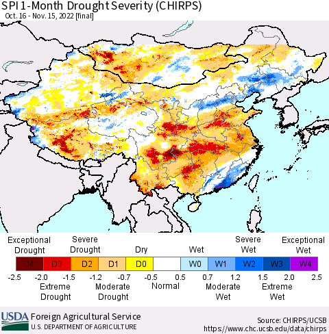 China, Mongolia and Taiwan SPI 1-Month Drought Severity (CHIRPS) Thematic Map For 10/16/2022 - 11/15/2022