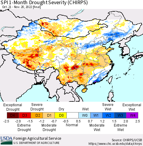 China, Mongolia and Taiwan SPI 1-Month Drought Severity (CHIRPS) Thematic Map For 10/21/2022 - 11/20/2022