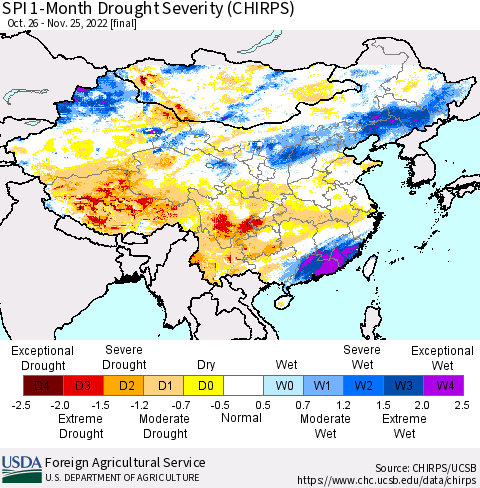 China, Mongolia and Taiwan SPI 1-Month Drought Severity (CHIRPS) Thematic Map For 10/26/2022 - 11/25/2022