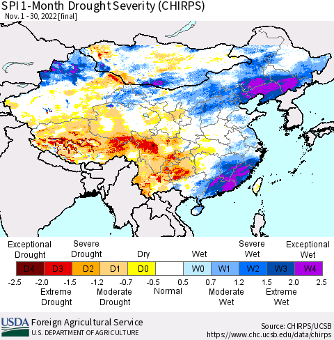 China, Mongolia and Taiwan SPI 1-Month Drought Severity (CHIRPS) Thematic Map For 11/1/2022 - 11/30/2022