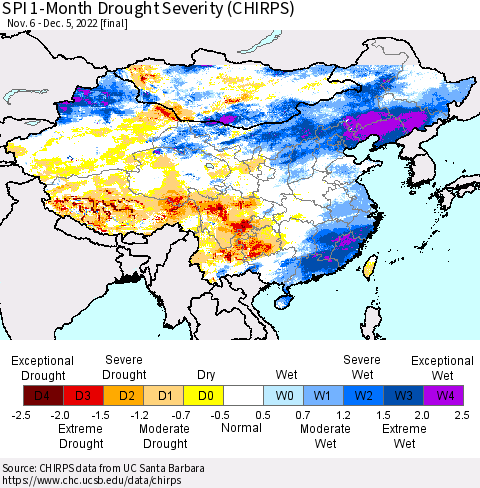 China, Mongolia and Taiwan SPI 1-Month Drought Severity (CHIRPS) Thematic Map For 11/6/2022 - 12/5/2022