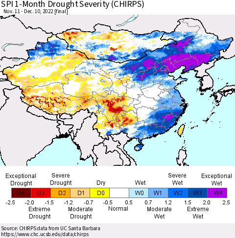 China, Mongolia and Taiwan SPI 1-Month Drought Severity (CHIRPS) Thematic Map For 11/11/2022 - 12/10/2022