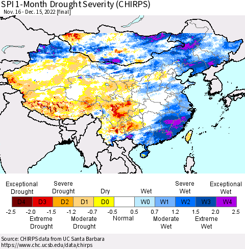 China, Mongolia and Taiwan SPI 1-Month Drought Severity (CHIRPS) Thematic Map For 11/16/2022 - 12/15/2022