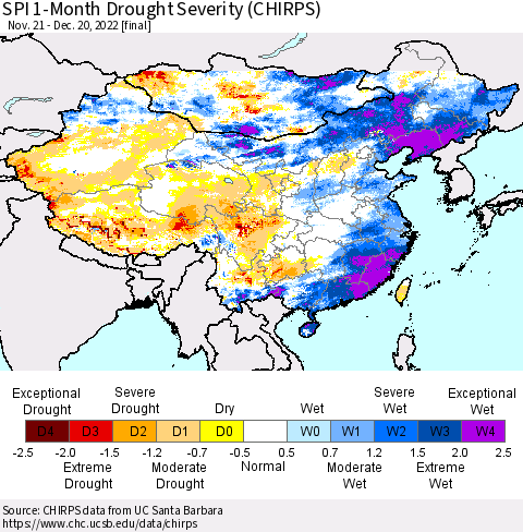 China, Mongolia and Taiwan SPI 1-Month Drought Severity (CHIRPS) Thematic Map For 11/21/2022 - 12/20/2022