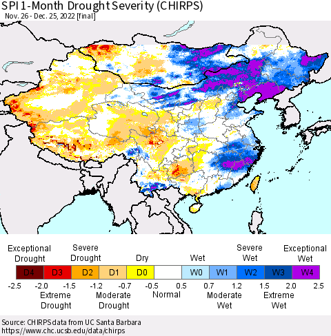 China, Mongolia and Taiwan SPI 1-Month Drought Severity (CHIRPS) Thematic Map For 11/26/2022 - 12/25/2022