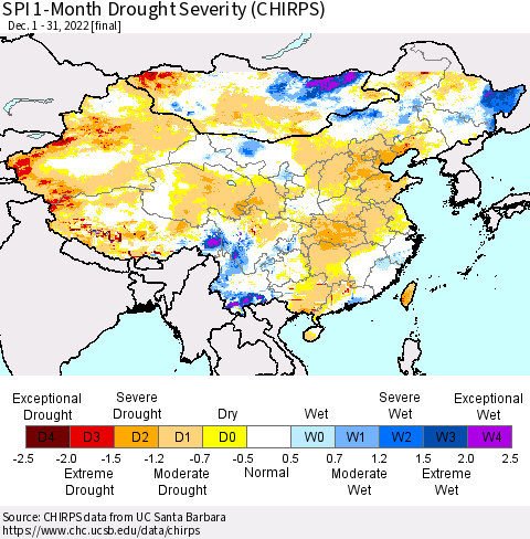 China, Mongolia and Taiwan SPI 1-Month Drought Severity (CHIRPS) Thematic Map For 12/1/2022 - 12/31/2022