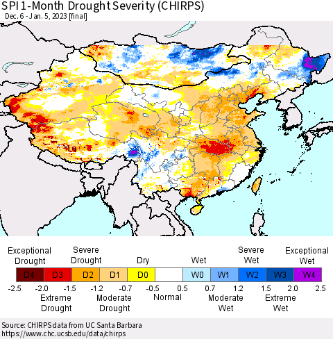 China, Mongolia and Taiwan SPI 1-Month Drought Severity (CHIRPS) Thematic Map For 12/6/2022 - 1/5/2023