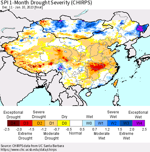 China, Mongolia and Taiwan SPI 1-Month Drought Severity (CHIRPS) Thematic Map For 12/11/2022 - 1/10/2023