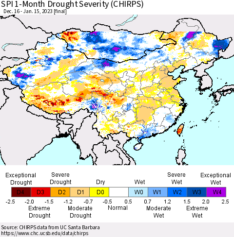 China, Mongolia and Taiwan SPI 1-Month Drought Severity (CHIRPS) Thematic Map For 12/16/2022 - 1/15/2023