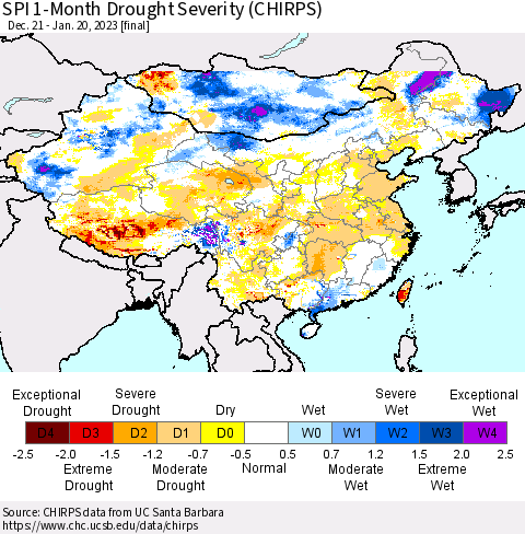 China, Mongolia and Taiwan SPI 1-Month Drought Severity (CHIRPS) Thematic Map For 12/21/2022 - 1/20/2023
