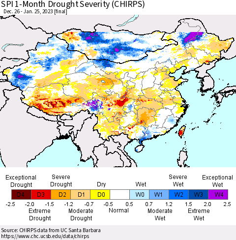 China, Mongolia and Taiwan SPI 1-Month Drought Severity (CHIRPS) Thematic Map For 12/26/2022 - 1/25/2023