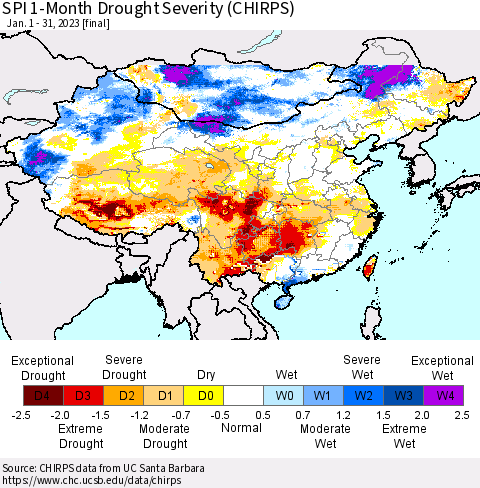China, Mongolia and Taiwan SPI 1-Month Drought Severity (CHIRPS) Thematic Map For 1/1/2023 - 1/31/2023