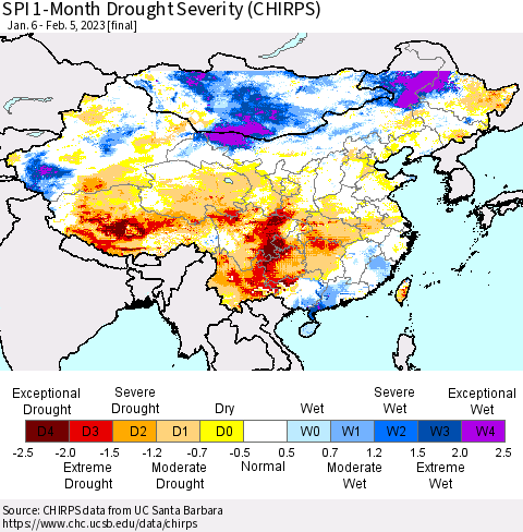 China, Mongolia and Taiwan SPI 1-Month Drought Severity (CHIRPS) Thematic Map For 1/6/2023 - 2/5/2023
