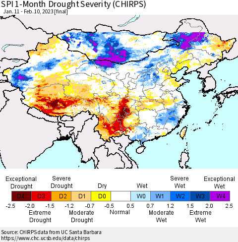 China, Mongolia and Taiwan SPI 1-Month Drought Severity (CHIRPS) Thematic Map For 1/11/2023 - 2/10/2023